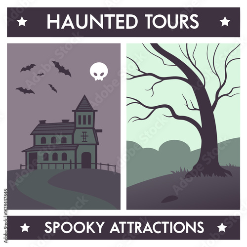 Haunted tours and spooky attractions a chilling illustration featuring a haunted house with bats and a skull in the sky alongside a bare tree