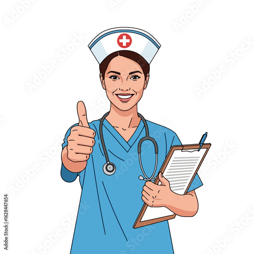 A smiling nurse in blue scrubs and cap gives a thumbs up while holding a clipboard, isolated on white background