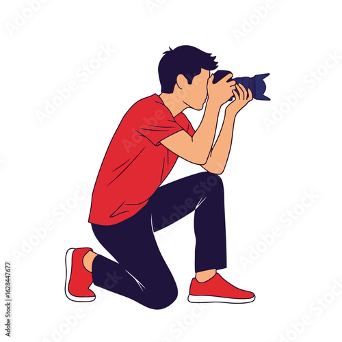 A photographer in a red shirt and dark pants kneels down to take a picture with a professional camera, isolated on white background