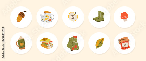 Cute autumn stickers. Hello autumn. Fall season scrapbooking elements with clothes, sweets, home leisure. Concept for seasonal poster,card,invitation.