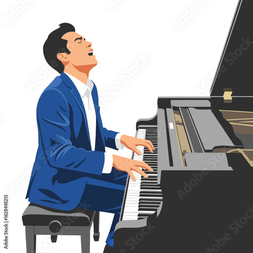 A talented pianist in a blue suit plays the piano with passion, isolated on white background