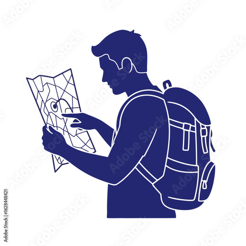 A silhouette of a man with a backpack looking at a map while planning his next adventure