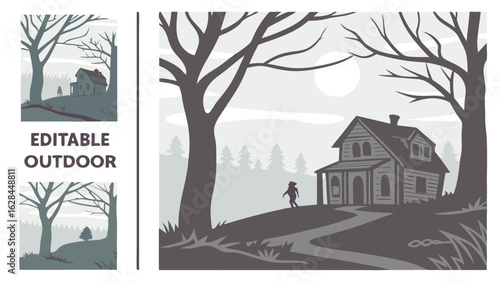 A solitary figure walks up a winding path towards a rustic wooden house nestled amongst bare trees under a pale hazy sky