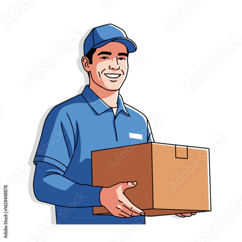 Smiling delivery man in uniform holding a package, isolated on white background