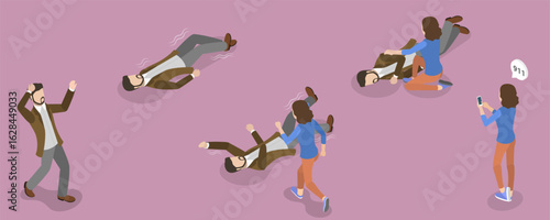 3D Isometric Flat Vector Illustration of Spasm, Cramp of Body, A Persone During Epileptic Seizure With Medical Care Emphasis