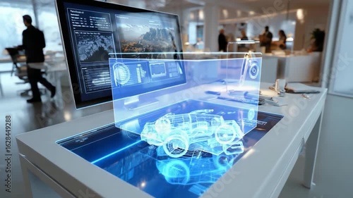 Augmented Reality Design: Futuristic scene of holographic technology interface showcases a modern design and high-tech solutions. This image evokes a sense of cutting-edge innovation and progress.