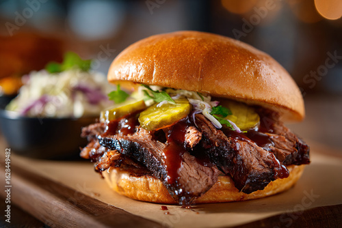 Savory barbecue brisket sandwich with pickles and coleslaw on a wooden board.