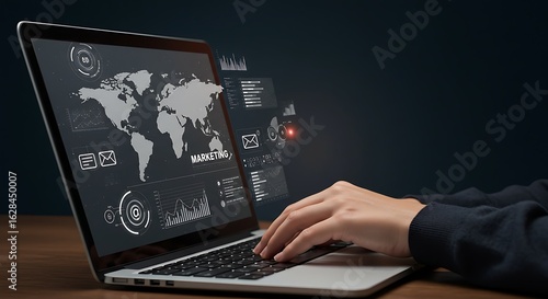 A conceptual image of a person managing a digital marketing campaign on a high-tech laptop interface.