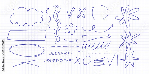 Scribble pen marks and doodle lines set. Hand-drawn sketchy strokes, messy squiggles, arrows, underlines, and ink scribbles. Abstract texture elements for design journal decor, scrapbooking