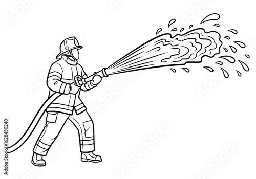 Brave firefighter bravely battling blaze with powerful water stream, heroically protecting community