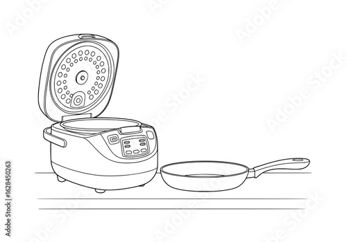 Modern kitchen appliance line art shows rice cooker and frying pan for cooking convenience