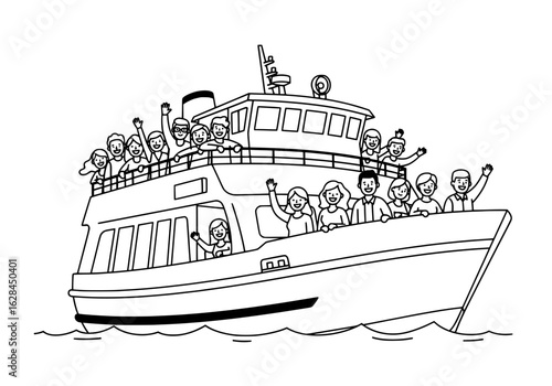 Happy diverse group waving from a boat enjoying a fun adventure together on the water