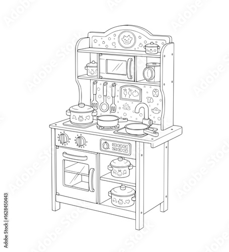 Charming vintage toy kitchen detailed line art brings playful nostalgia and imaginative cooking scenes to life