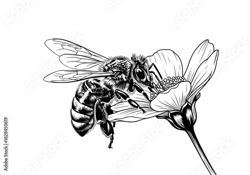 Detailed bee collecting nectar from delicate flower, nature's intricate design captured in fine line art