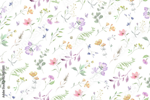  Seamless watercolor pattern with painted flowers, eucalypt leaves, wildflowers, herbs. Hand drawn floral illustration. Vector EPS.