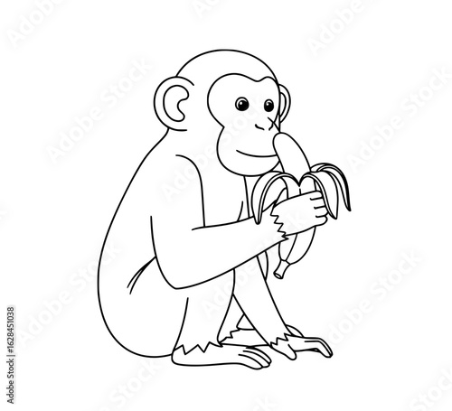 Charming cartoon monkey happily peeling and eating a ripe banana, simple line art style