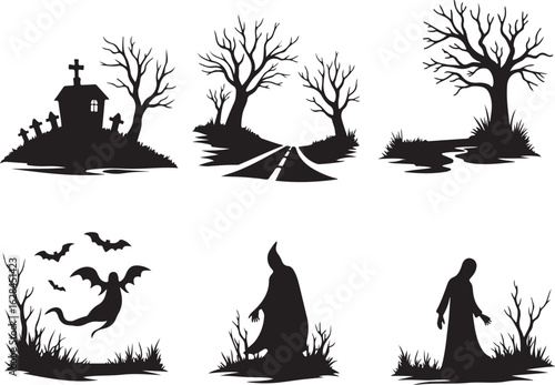 Spooky Halloween silhouettes: graveyard, road, ghost, figures