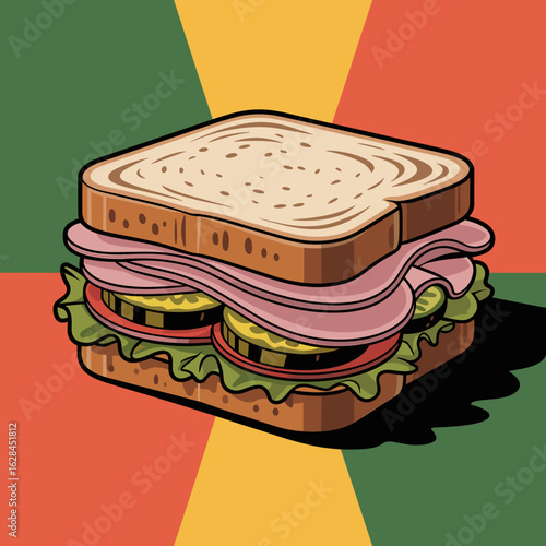 Ham Sandwich with Pickles and Lettuce – Vector Illustration