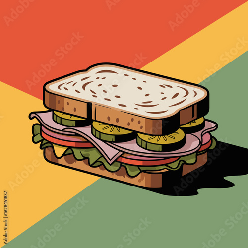 Ham Sandwich with Pickles and Lettuce – Vector Illustration