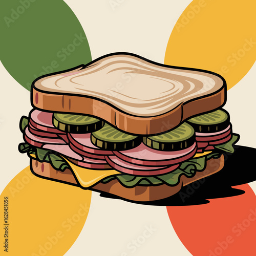 Ham Sandwich with Pickles and Lettuce – Vector Illustration
