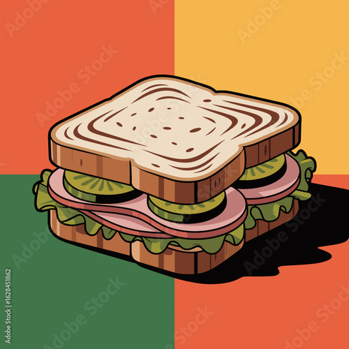 Ham Sandwich with Pickles and Lettuce – Vector Illustration