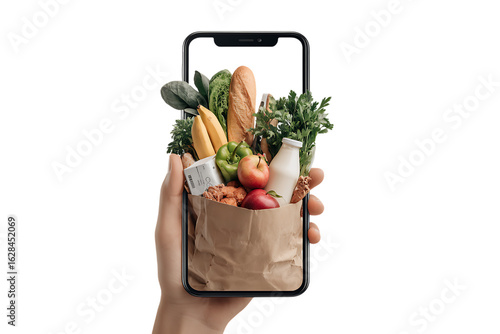Smartphone screen displaying groceries in a paper bag.  Concept of online food delivery, shopping apps, and convenience.