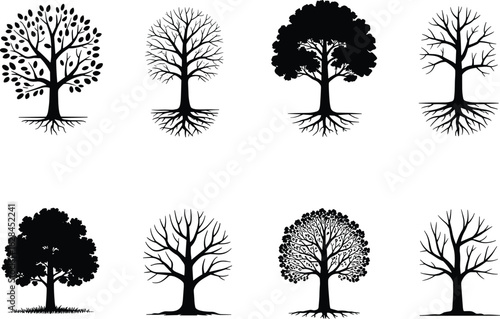 Eight tree silhouettes and outlines trees nature
