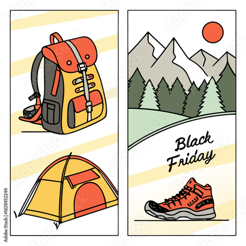 Black friday outdoor gear sale featuring backpacks tents and hiking boots with mountain scenery and sun illustration