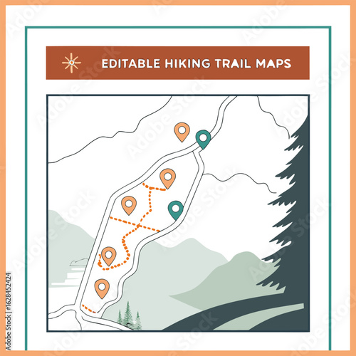 Editable hiking trail map illustration with scenic mountain landscape and customisable location markers for outdoor adventure planning and navigation
