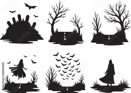 Spooky Halloween silhouettes with bats and eerie landscapes