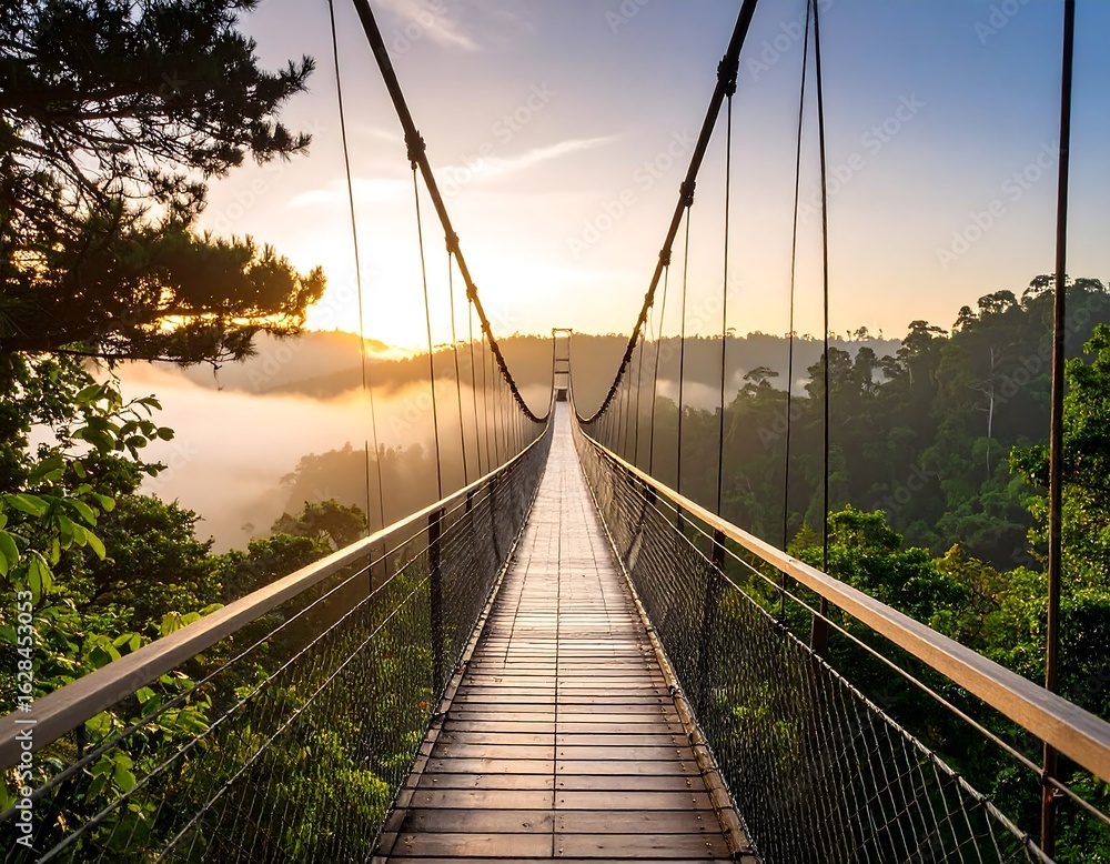 Obraz premium Sunrise over a suspension bridge in a forest
