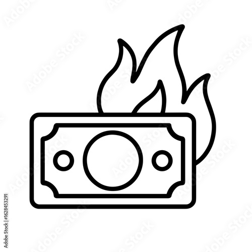 Burning banknote symbolizing financial destruction and money loss (Outline icon)