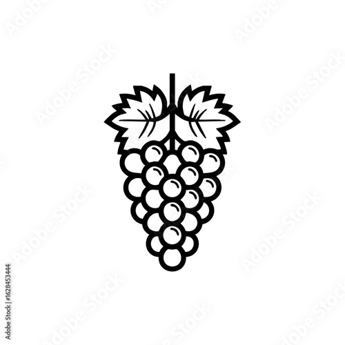 Detailed outline icon of a grape bunch with leaves in black on white, representing fruit, wine, and fresh produce.
