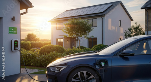 Electric vehicle charging at home with solar panels during sunset near modern residential house
