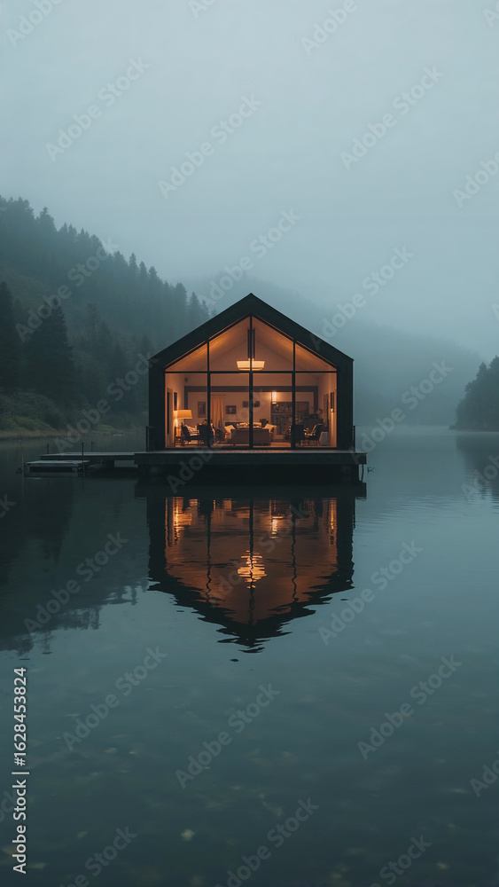 Fototapeta premium Modern Cabin Retreat Surrounded by Serene Nature and Water