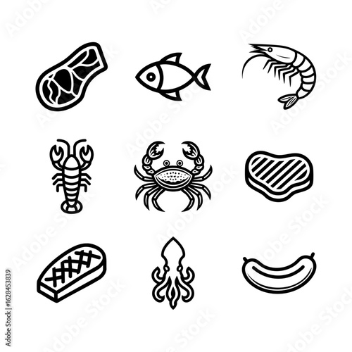 Set of outline icons featuring different meats and seafood including fish, crab, steak, shrimp, and squid, representing protein food sources in minimalist black on white style.
