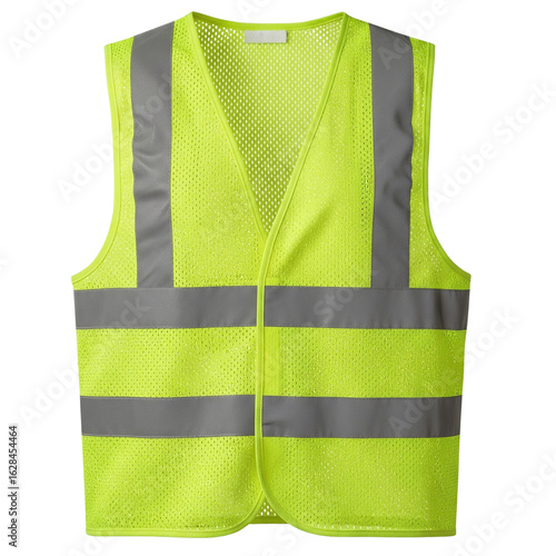 Bright yellow safety vest with reflective stripes isolated on transparent background