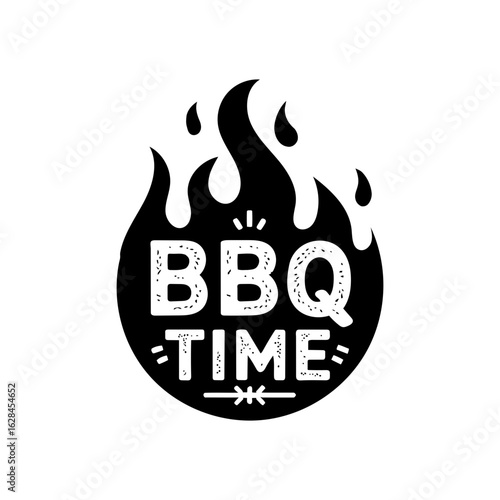 BBQ time logo with fire flame for barbecue grill party invitation.