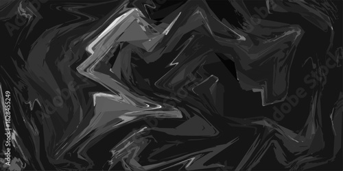Abstract dark fluid background composed of swirling black and grey tones. Marbled texture features glossy, wave-like distortions and a liquid-like flow. 