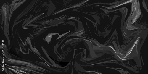 Abstract dark fluid background composed of swirling black and grey tones. Marbled texture features glossy, wave-like distortions and a liquid-like flow. 