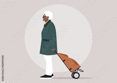 A senior woman confidently strolls with her shopping trolley, embodying the spirit of independence as she embarks on her daily grocery adventure in a bustling neighborhood