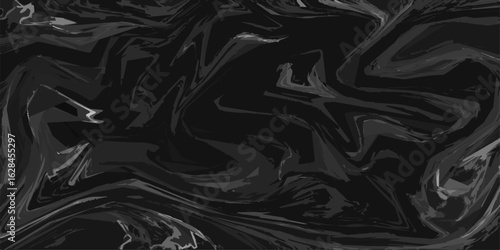 Abstract dark fluid background composed of swirling black and grey tones. Marbled texture features glossy, wave-like distortions and a liquid-like flow. 
