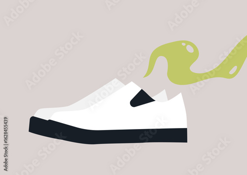 Smelly shoes rest on a flat surface, releasing colorful vapors that illustrate their distinctive and potent scents in a quirky indoor atmosphere