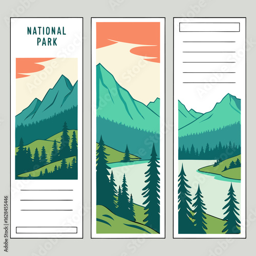 Vintage national park travel brochures featuring majestic mountains and serene lakes with evergreen forests and a warm sunset sky