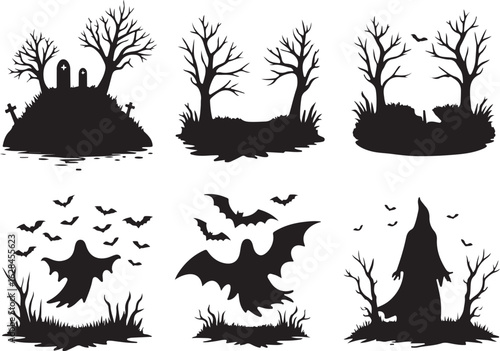 Spooky Halloween silhouettes with ghosts, bats, graves, and witches