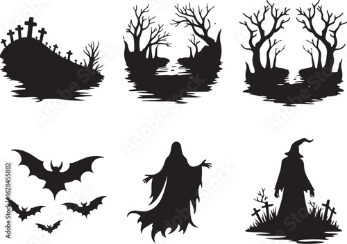 Spooky Halloween silhouettes: ghosts, bats, and haunted trees