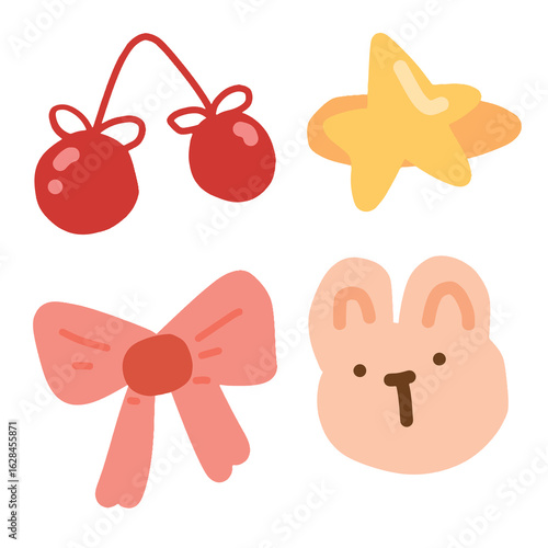 cherry, star, ribbon and rabbit hairpin clipart cartoon set. 