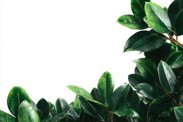 Lush, dark green foliage forms a corner border against a stark white background, showcasing vibrant, glossy leaves and visible stems