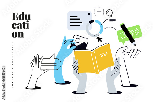 Education. Creative vector illustration for web banner, social media, business presentation, marketing material. Back to school. Distance education, online learning.