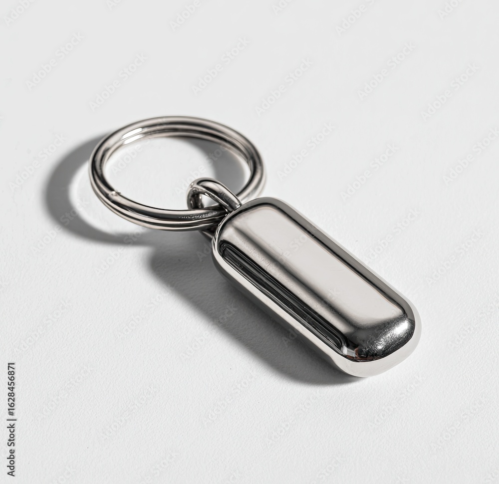 Sleek, polished, metallic key fob. A simple, oblong keyring, gleaming chrome Sleek, polished, metallic key fob. A simple, oblong keyring, gleaming chrome